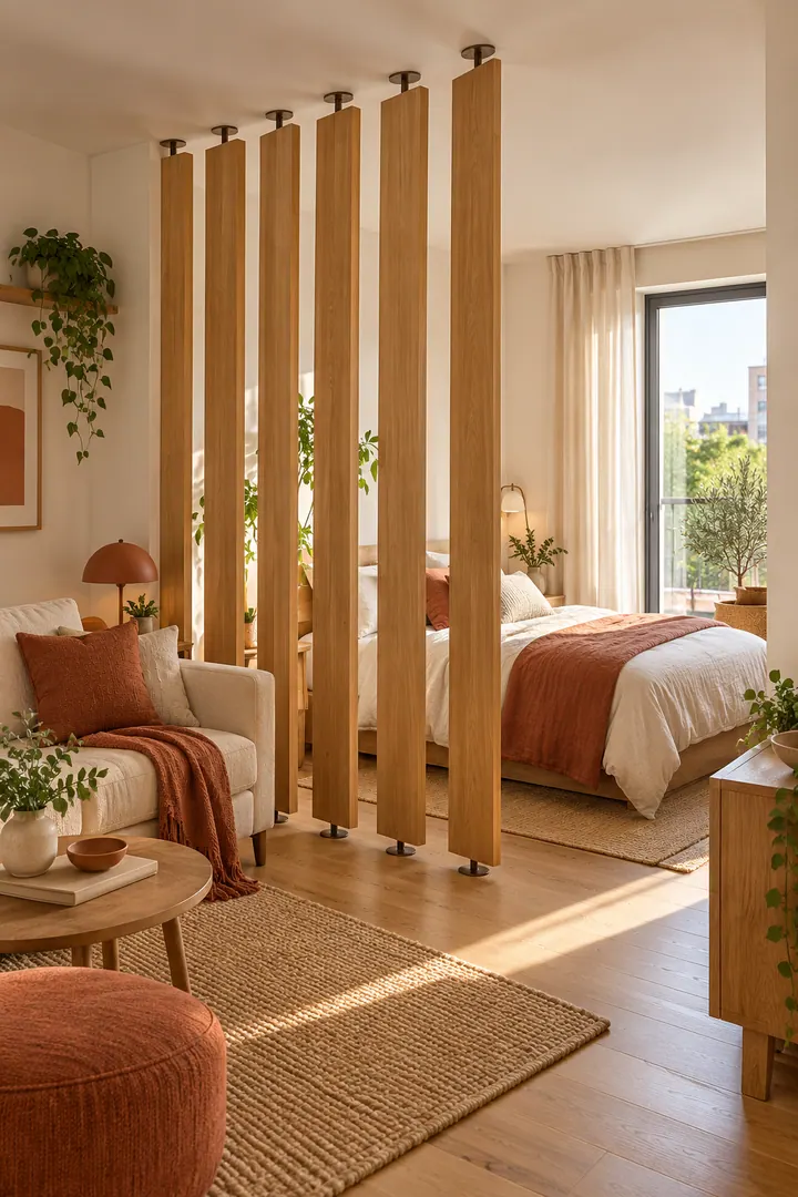 Compact studio with adjustable vertical oak slats partially screening the bed from the living area.