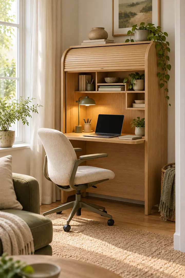 Open light-oak tambour desk cabinet with a compact workspace, task light, cubbies, and concealed cables.