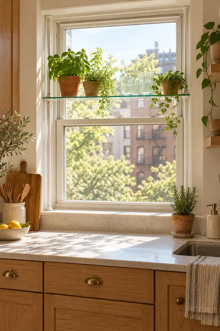 Compact kitchen window with a narrow transparent shelf holding small herbs and plain glassware while daylight passes through.