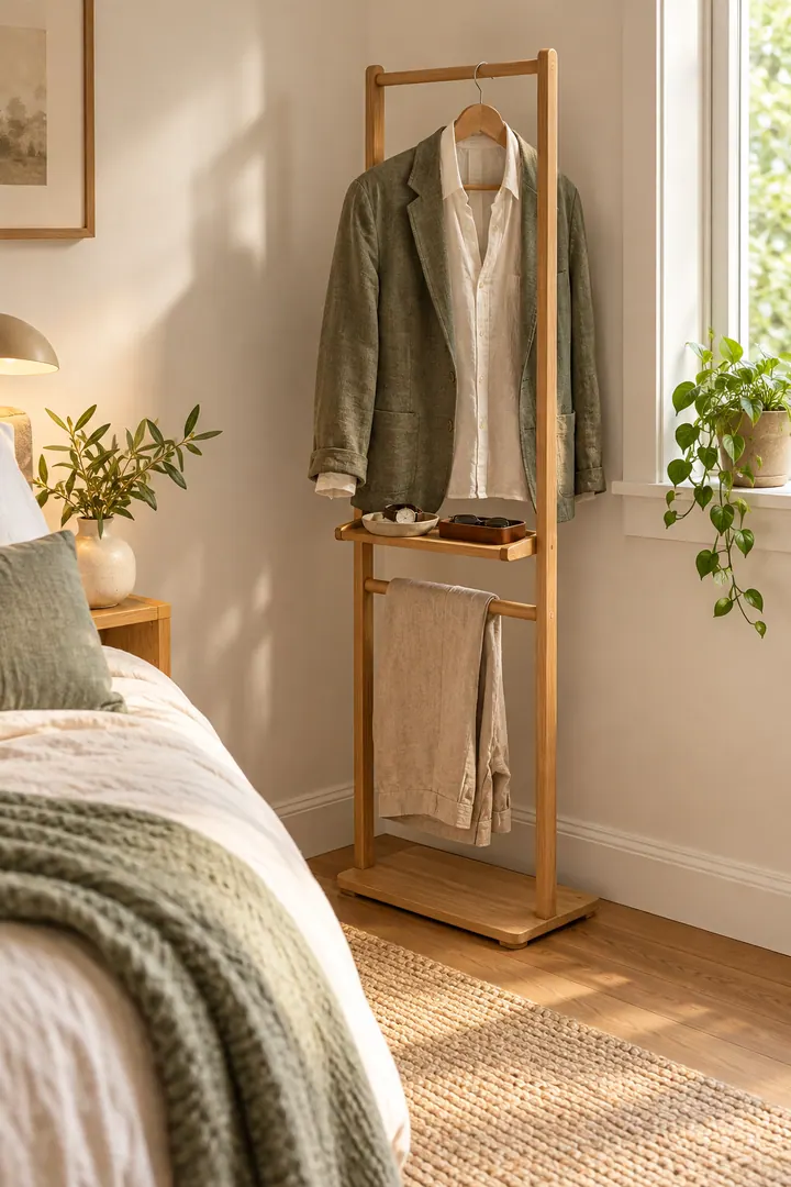 Slim freestanding oak clothes valet holding one outfit, trousers, and a few accessories in a compact bedroom corner.