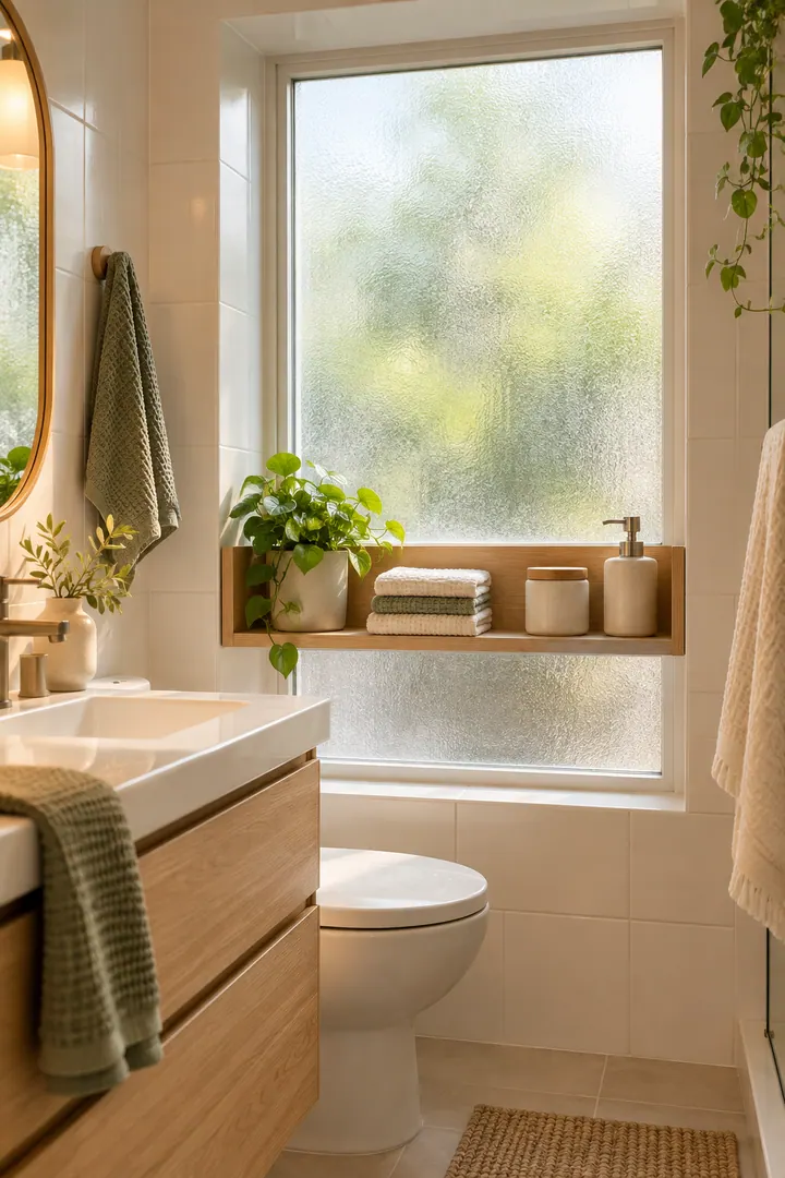 Frosted bathroom window recess with a low removable shelf holding washcloths, plain containers, and a small plant.