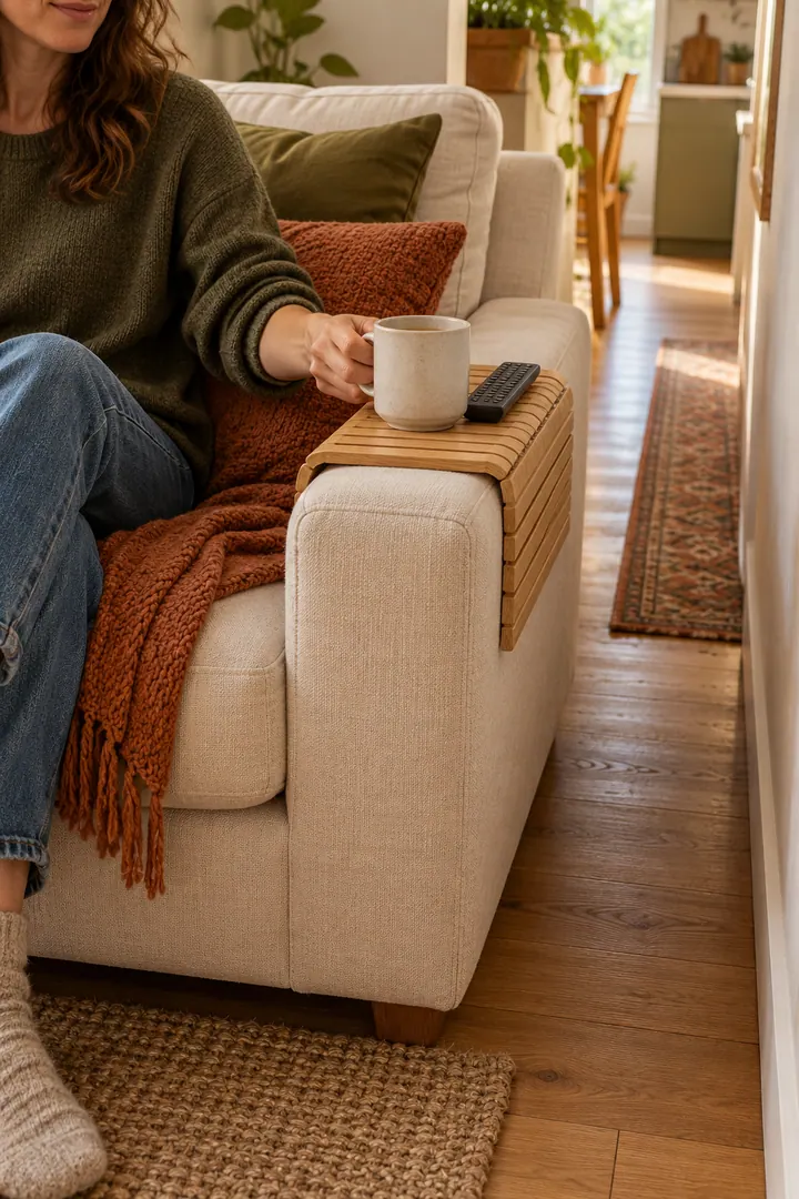 Close-up of a person reaching for a mug on a fitted oak tray wrapped securely over a cream sofa arm.