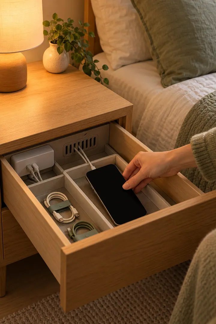 Close-up of a phone being placed into a divided, ventilated charging drawer inside a small oak nightstand.