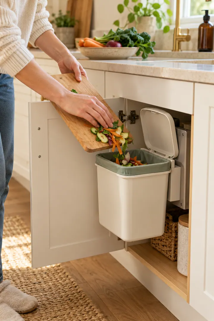 Close-up of vegetable trimmings being swept into a small removable compost caddy mounted inside a lower kitchen cabinet.