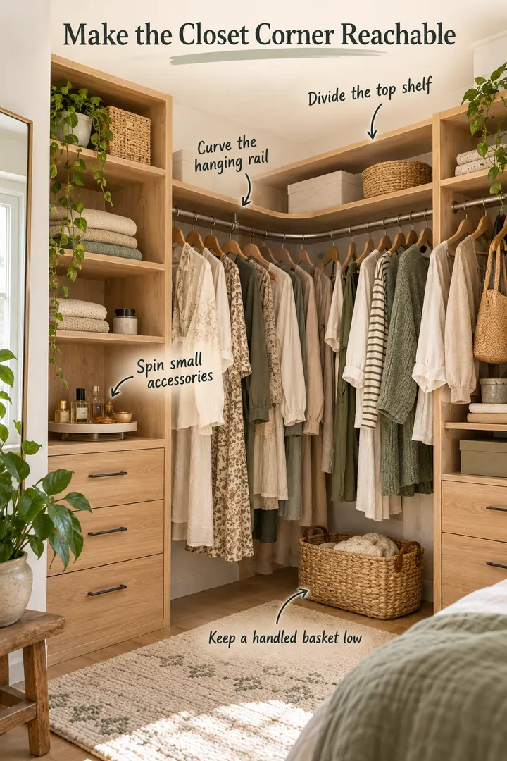 Annotated compact L-shaped bedroom closet with a curved rail, divided shelf, accessory turntable, and low handled basket.