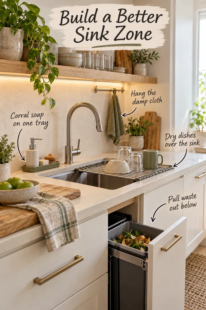 Annotated small kitchen sink zone with a slim soap tray, hanging cloth, roll-up drying mat, and pull-out waste bin.
