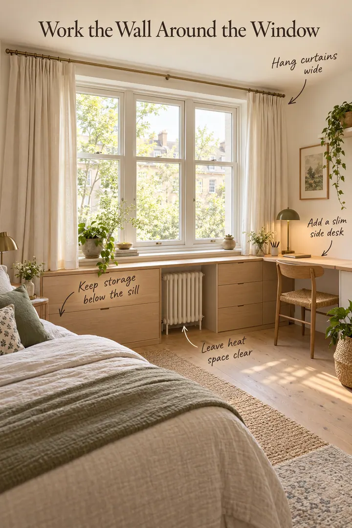 Annotated compact bedroom window wall with low drawers, a narrow side desk, wide curtains, and clear radiator space.