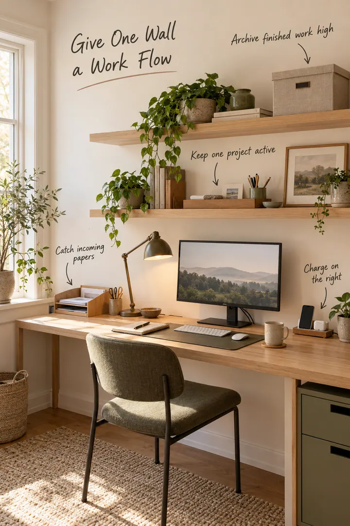 Annotated narrow home office organized into incoming-paper, active-project, charging, and archive zones.