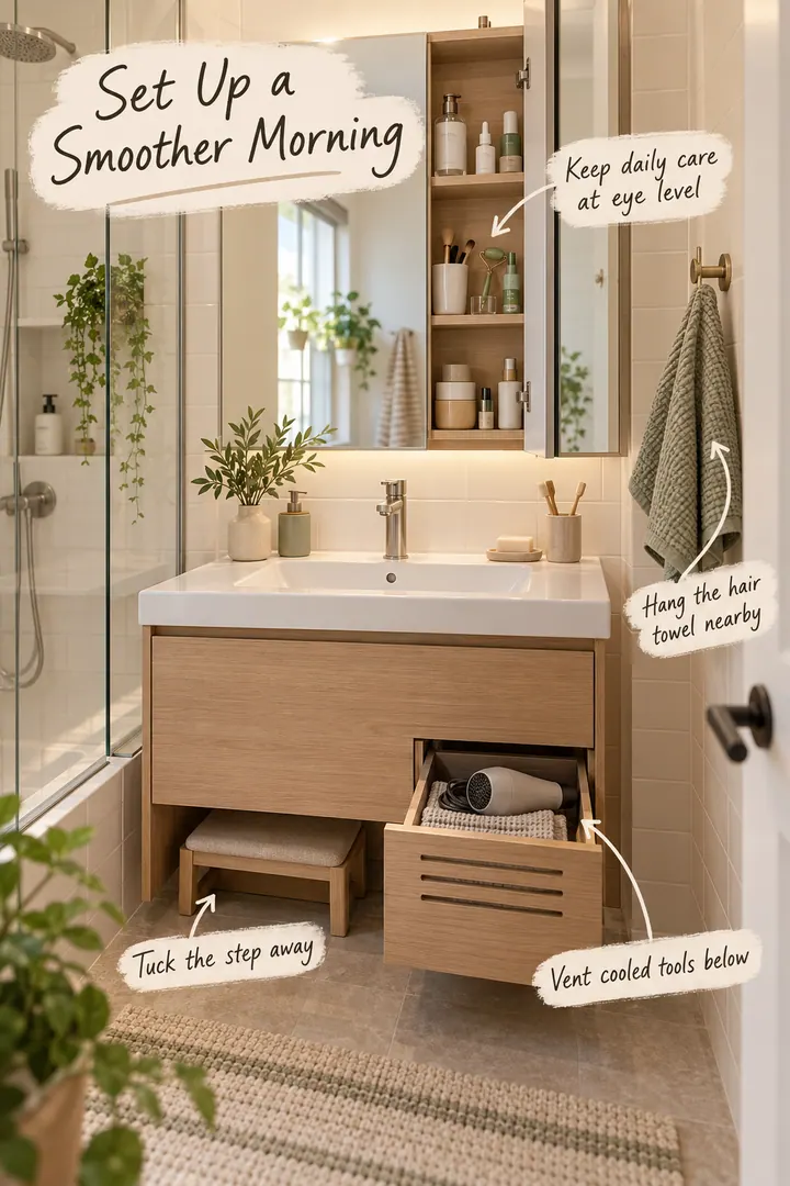 Annotated compact bathroom morning station with an open mirrored cabinet, tucked stool, towel hook, and ventilated tool drawer.