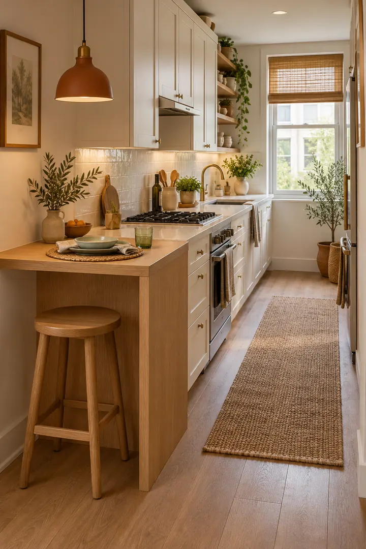 Narrow apartment kitchen with a one-person oak breakfast ledge attached to a cabinet end and a stool tucked below.