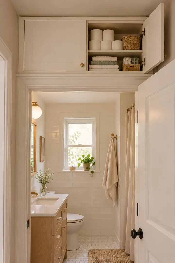Tiny bathroom with a shallow closed cabinet above the doorway holding spare towels and toilet rolls.