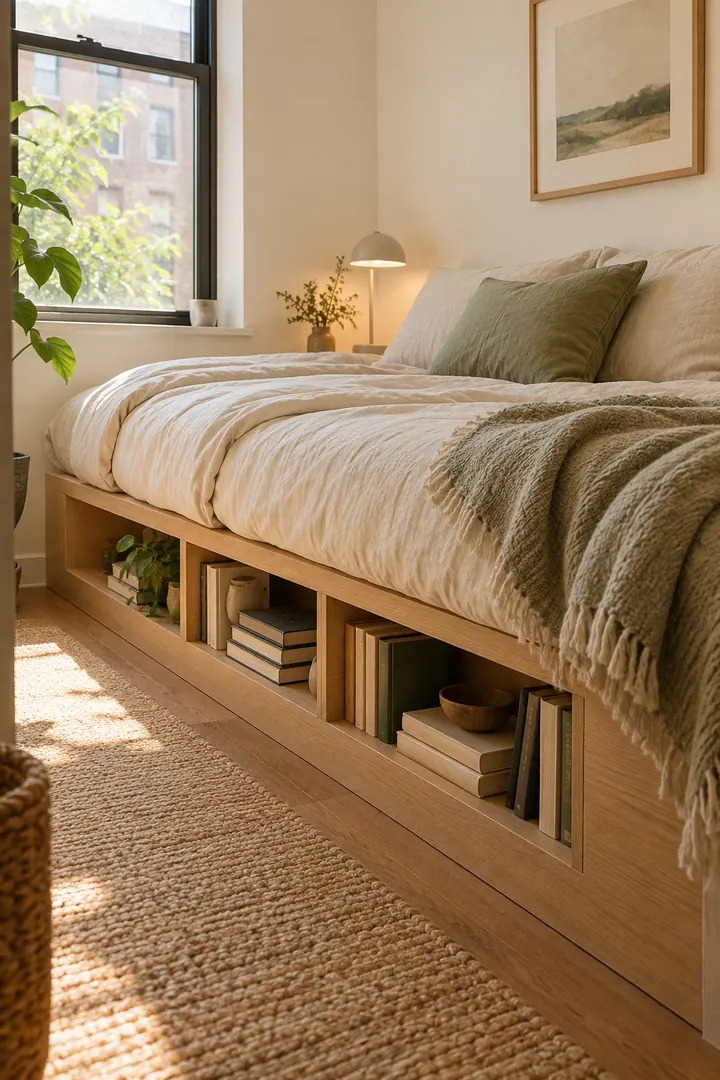 Compact bedroom with shallow book cubbies built into the exposed side of a light-oak platform bed.