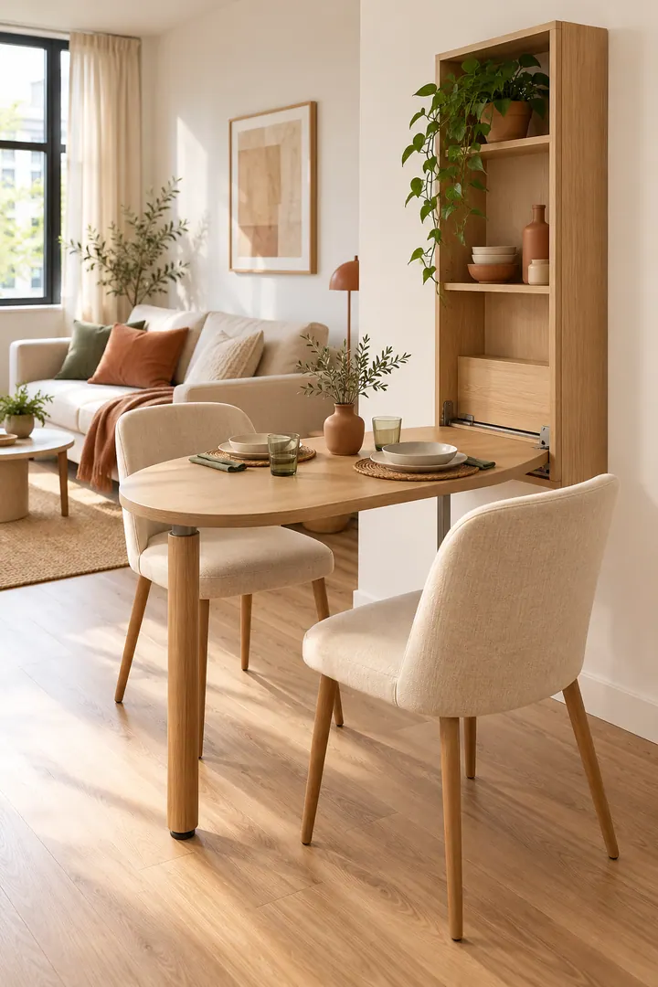 Studio apartment with a narrow oak dining tabletop pivoted outward from a shallow wall cabinet for two seats.