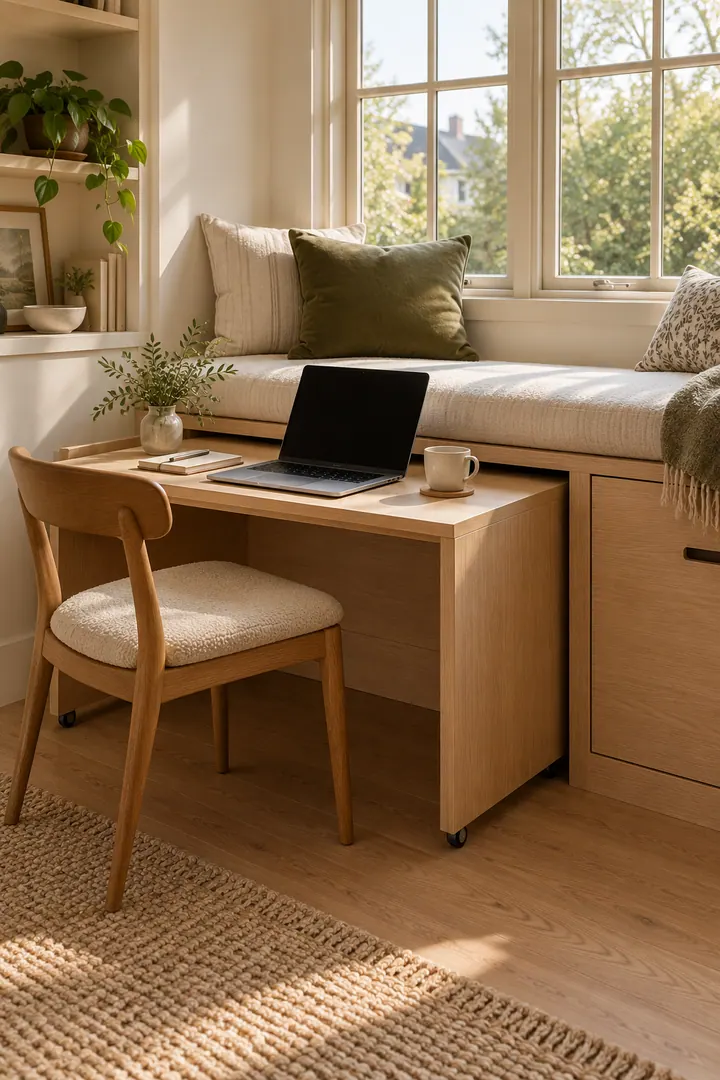 Compact room with a slim oak desk rolled out from beneath an upholstered window bench.