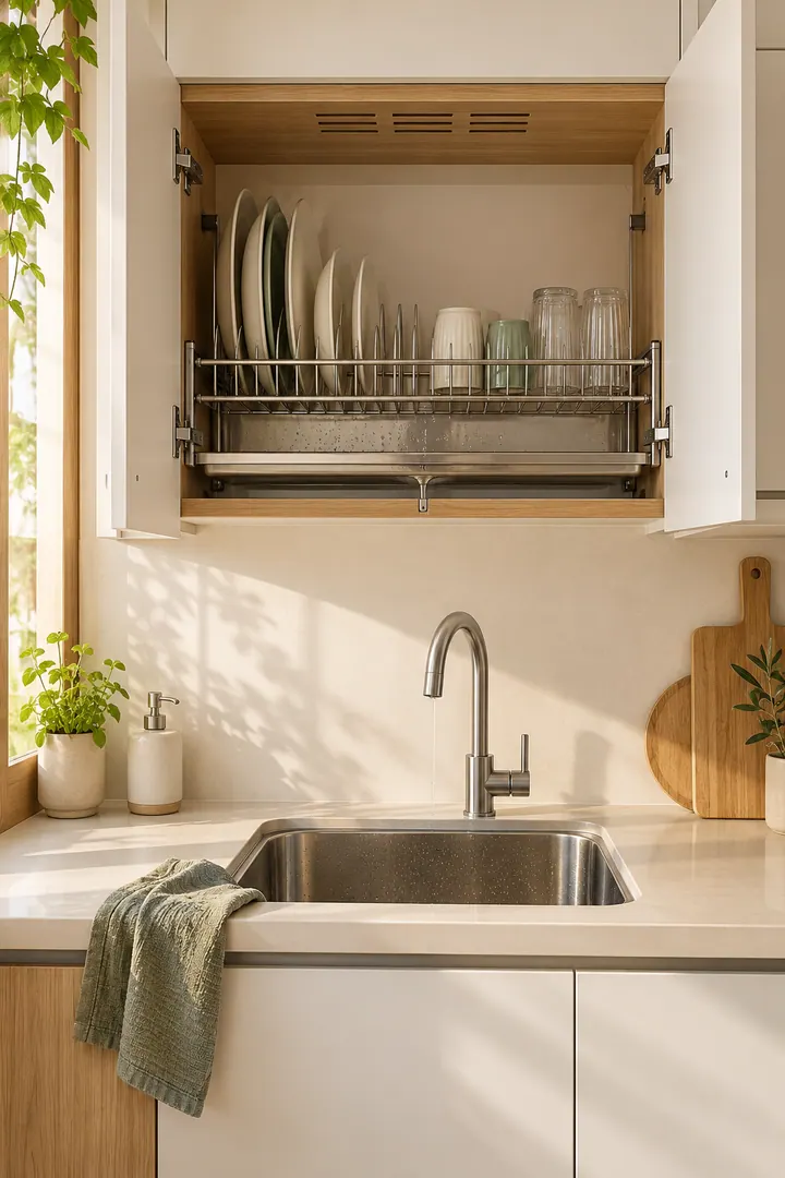 Small kitchen sink beneath an open ventilated cabinet containing a metal rack for drying plates and cups.