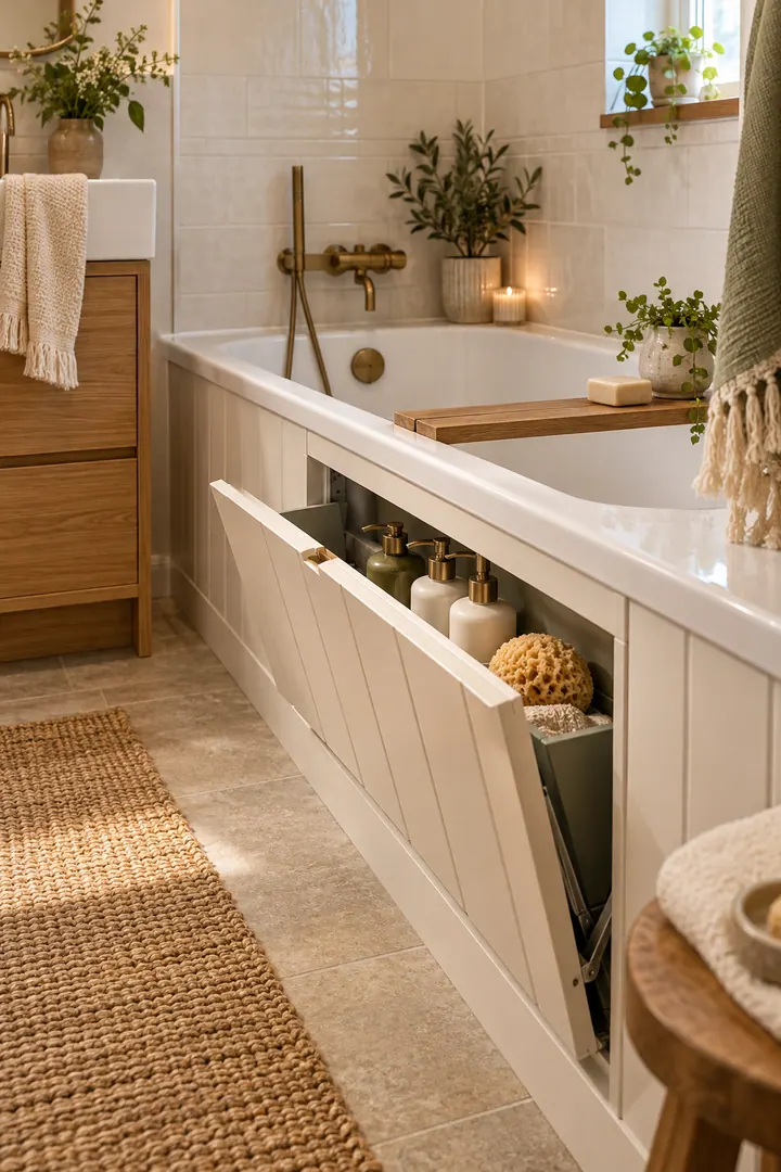 Compact bathroom bathtub with a shallow side panel tilted open to reveal upright bath-product storage.