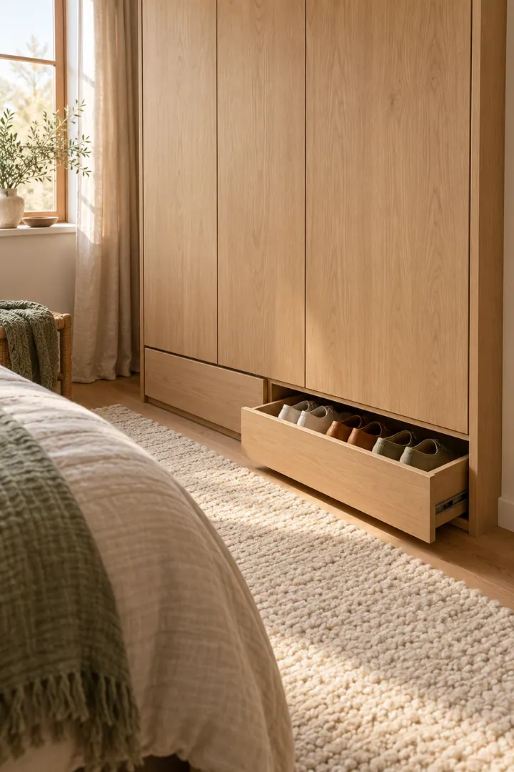 Light-oak bedroom wardrobe with a shallow plinth drawer pulled open to reveal neatly stored shoes.