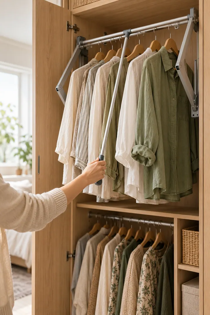 Close-up of a hand lowering a hinged upper wardrobe rail filled with lightweight shirts in a narrow closet.
