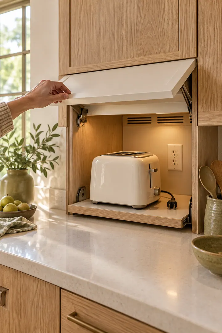 Close-up of a hand opening a lift-up kitchen appliance garage containing a compact toaster on a pull-forward tray.