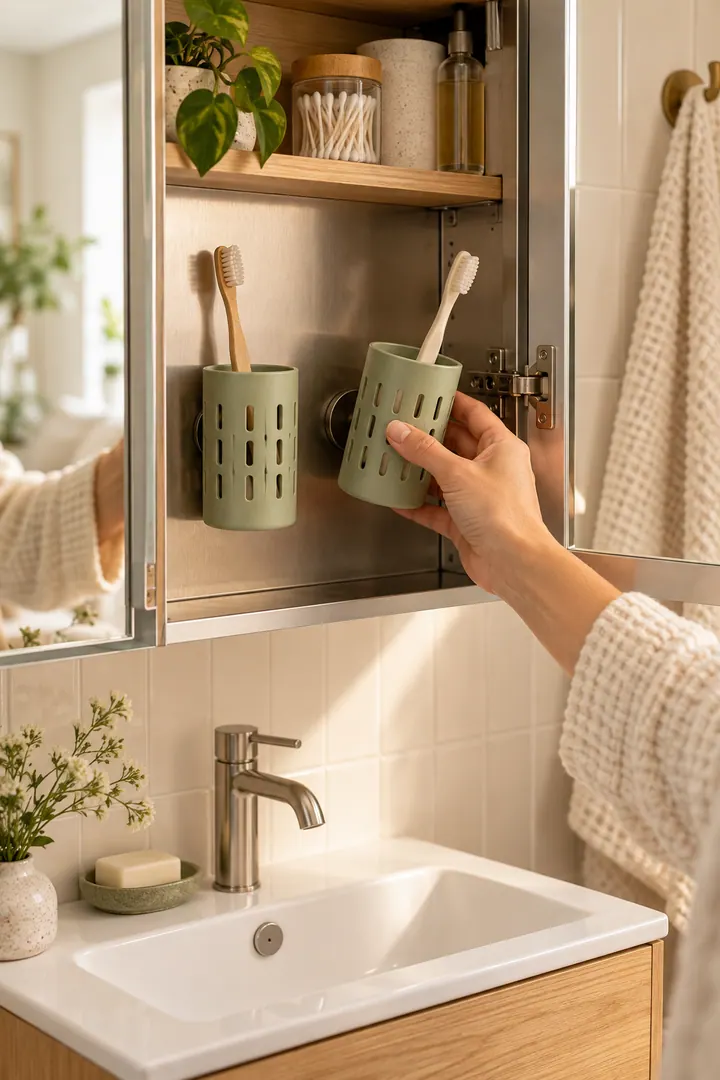 Close-up of a hand removing a ventilated magnetic toothbrush cup from inside an open mirrored bathroom cabinet.