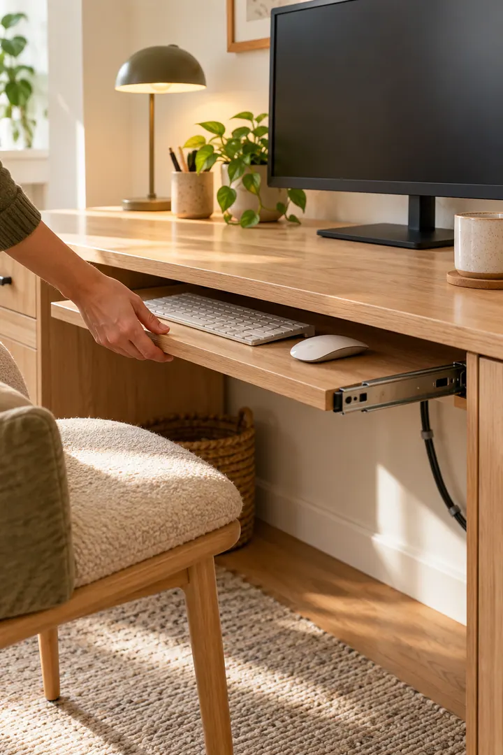 Close-up of a hand sliding a keyboard and mouse tray beneath a narrow light-oak home office desk.