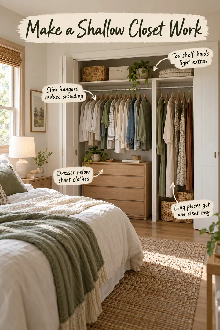 Annotated shallow bedroom closet with a narrow dresser under short hanging clothes and a separate bay for long garments.