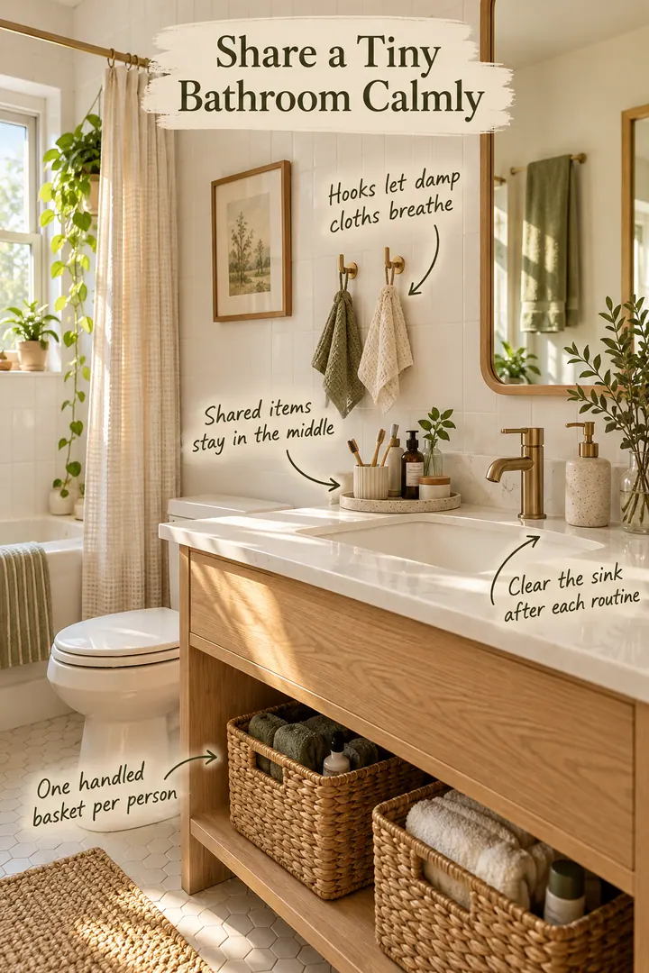 Annotated small shared bathroom with individual handled baskets, a shared tray, cloth hooks, and a clear sink.