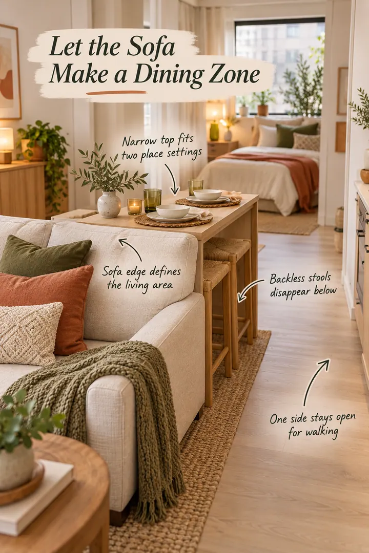 Annotated studio with a narrow dining table and two tucked stools positioned behind a compact sofa.