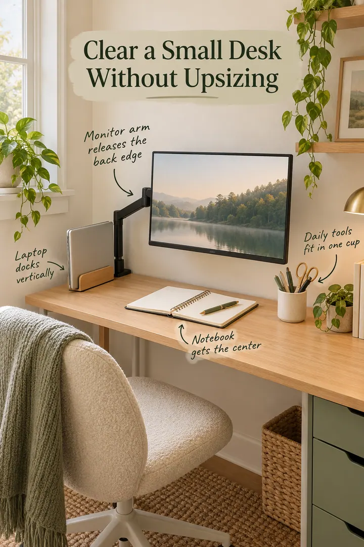 Annotated compact desk with an elevated monitor, vertically docked laptop, notebook, and one pencil cup.