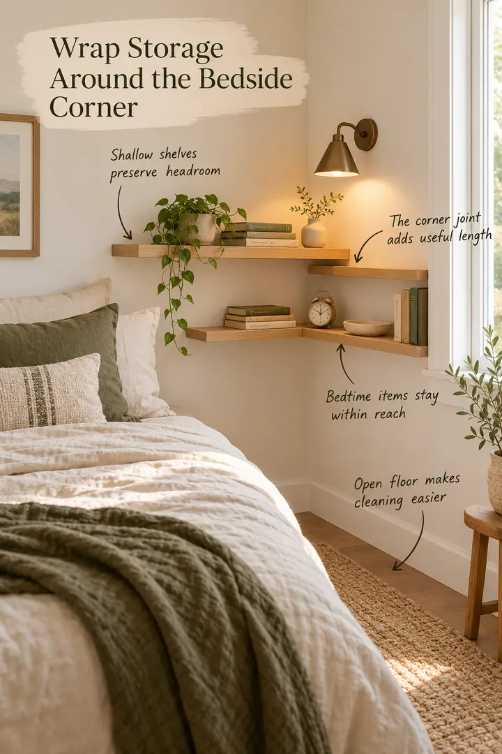 Annotated small bedroom with shallow wooden shelves wrapping around the corner beside the bed.