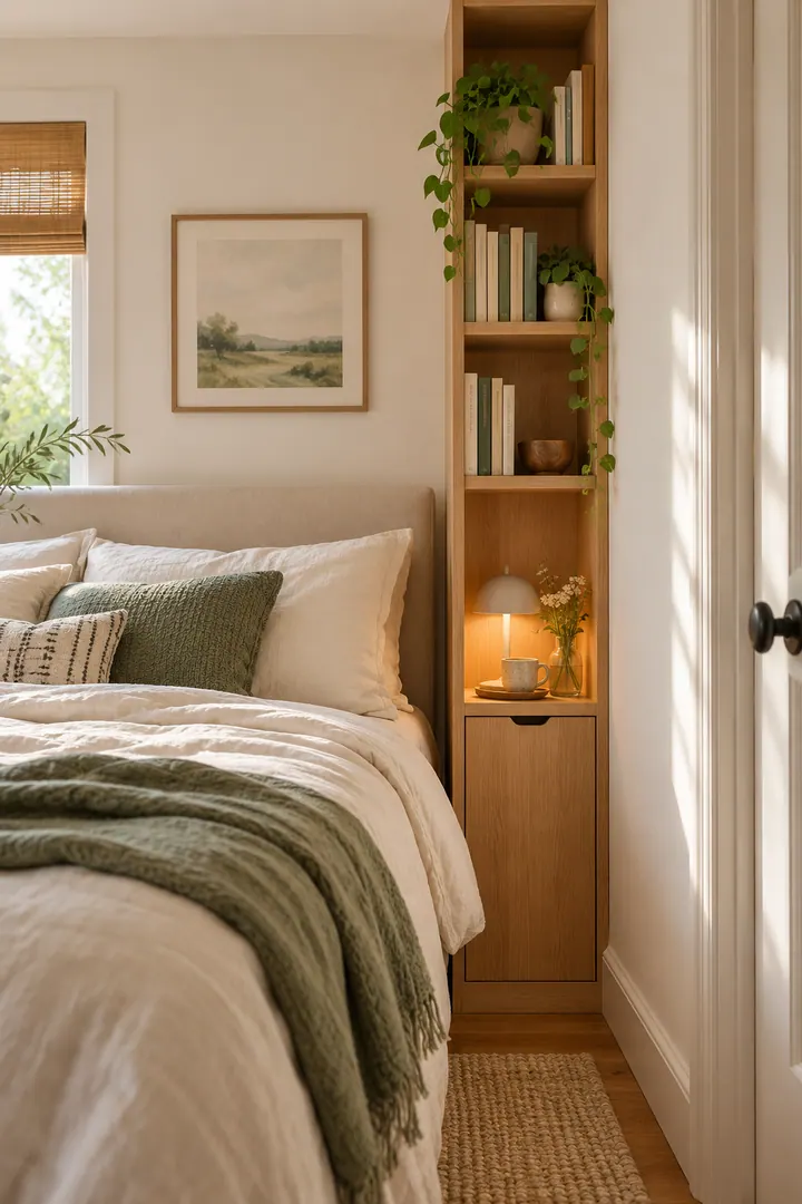 Compact bedroom with a narrow floor-to-ceiling shelving tower fitted beside the bed.