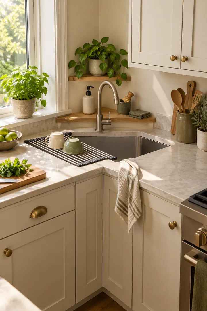 Small corner kitchen sink with a triangular rear shelf for soap and a roll-up basin drying rack.