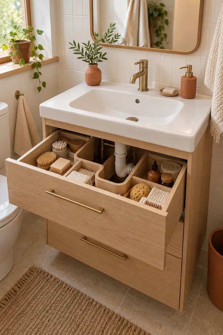 Compact bathroom vanity with an open U-shaped drawer fitted around the sink plumbing.