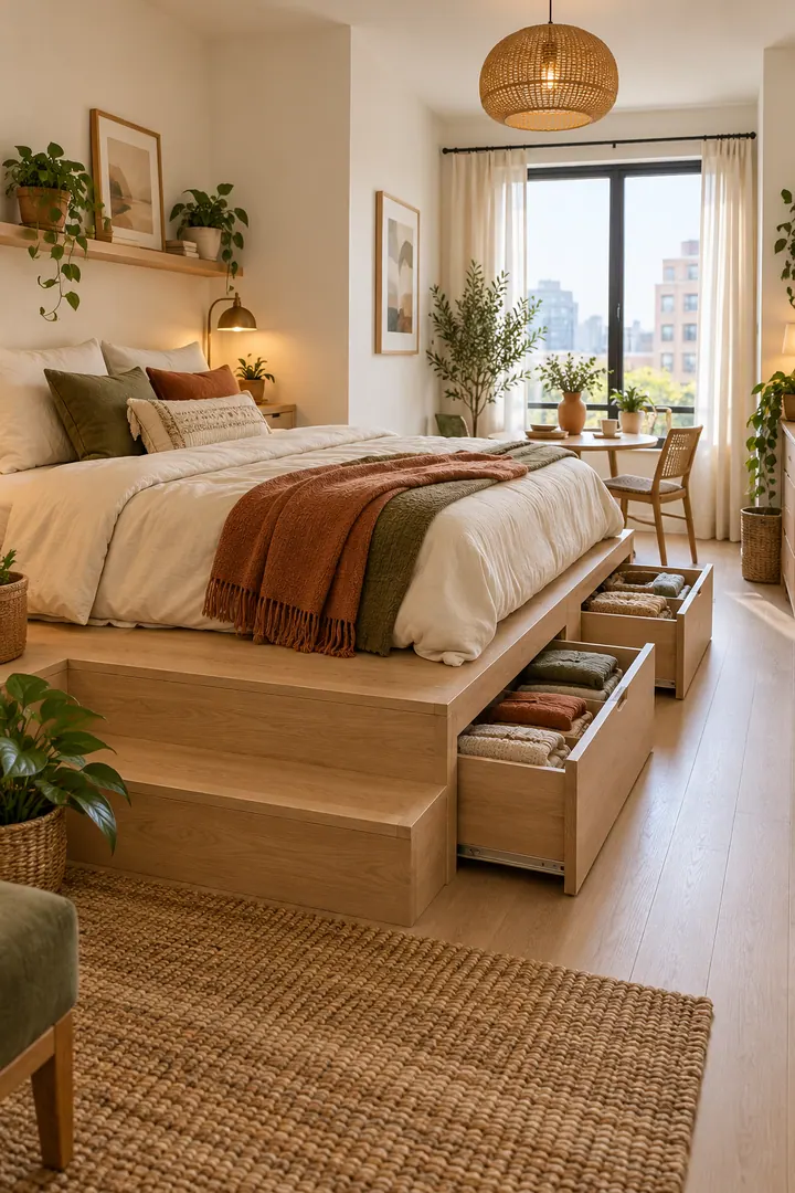 Compact studio with a bed on a low wooden platform and deep storage drawers opening from the side.