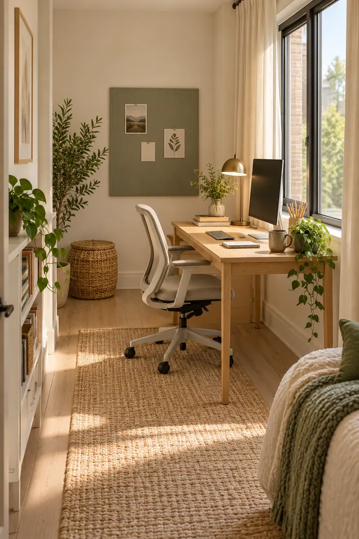 Narrow home office with a slim desk placed perpendicular to an unobstructed window.