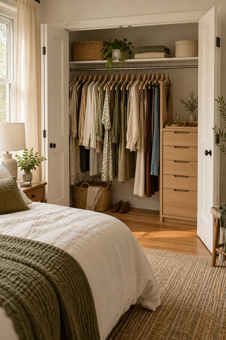 Small open closet with a narrow drawer tower at one end and hanging clothes beside it.