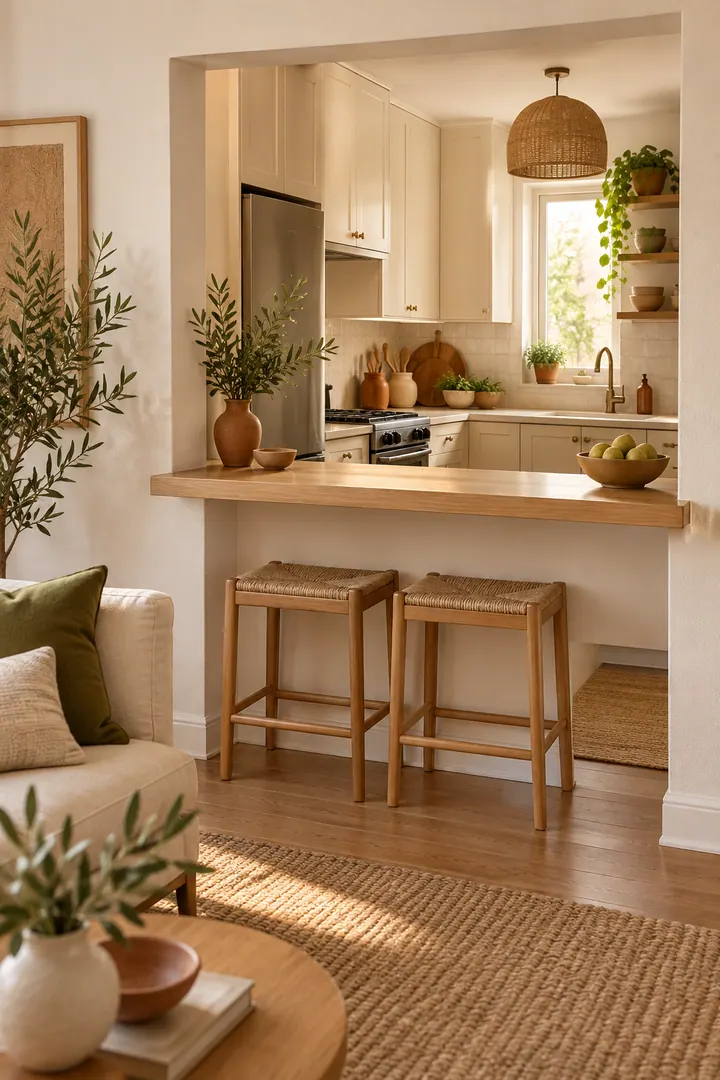 Compact kitchen pass-through with a shallow wooden dining ledge and two tucked backless stools.