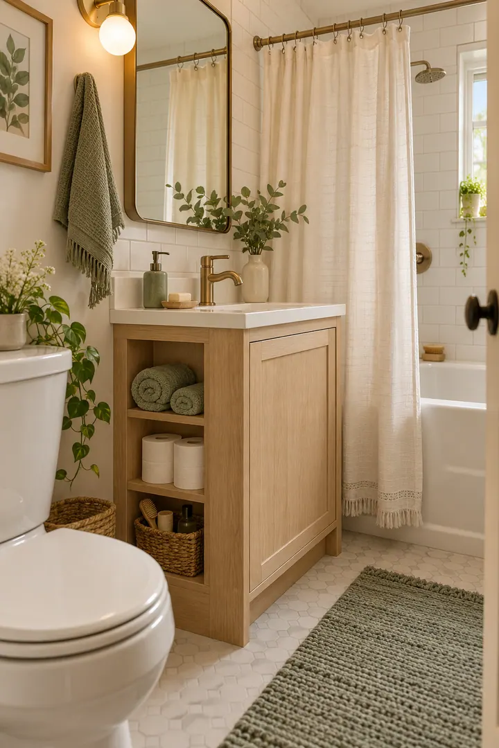 Small bathroom vanity with three recessed side cubbies holding towels, toilet paper, and a basket.