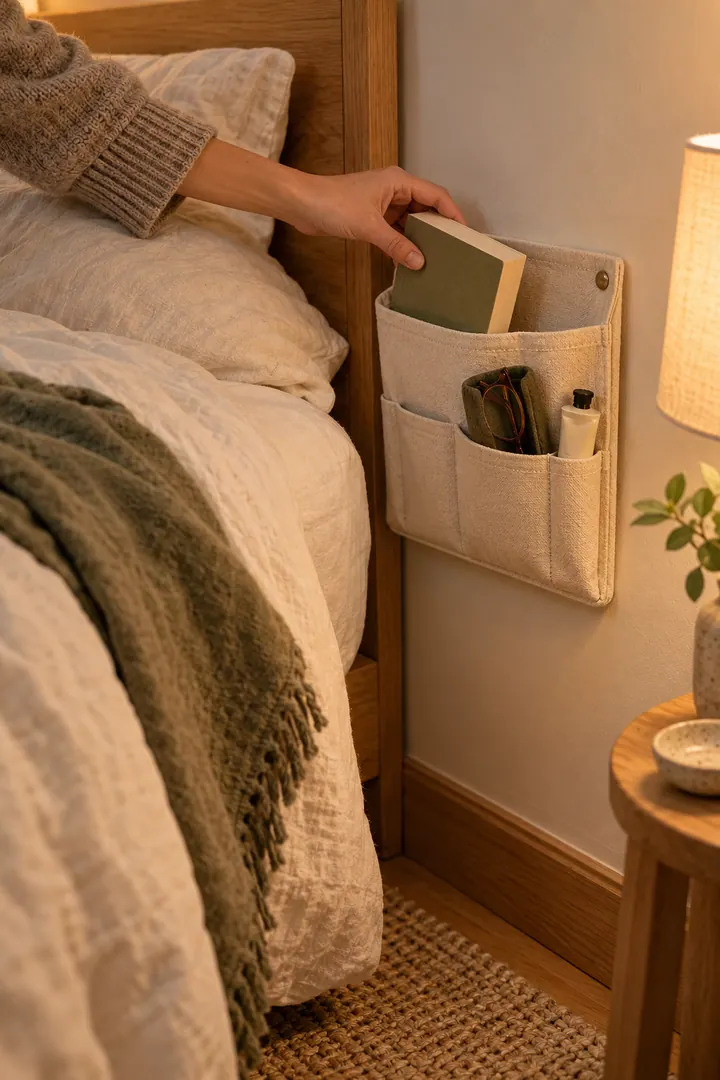 Close-up of a hand placing a book into a cream fabric wall pocket beside a tightly positioned bed.