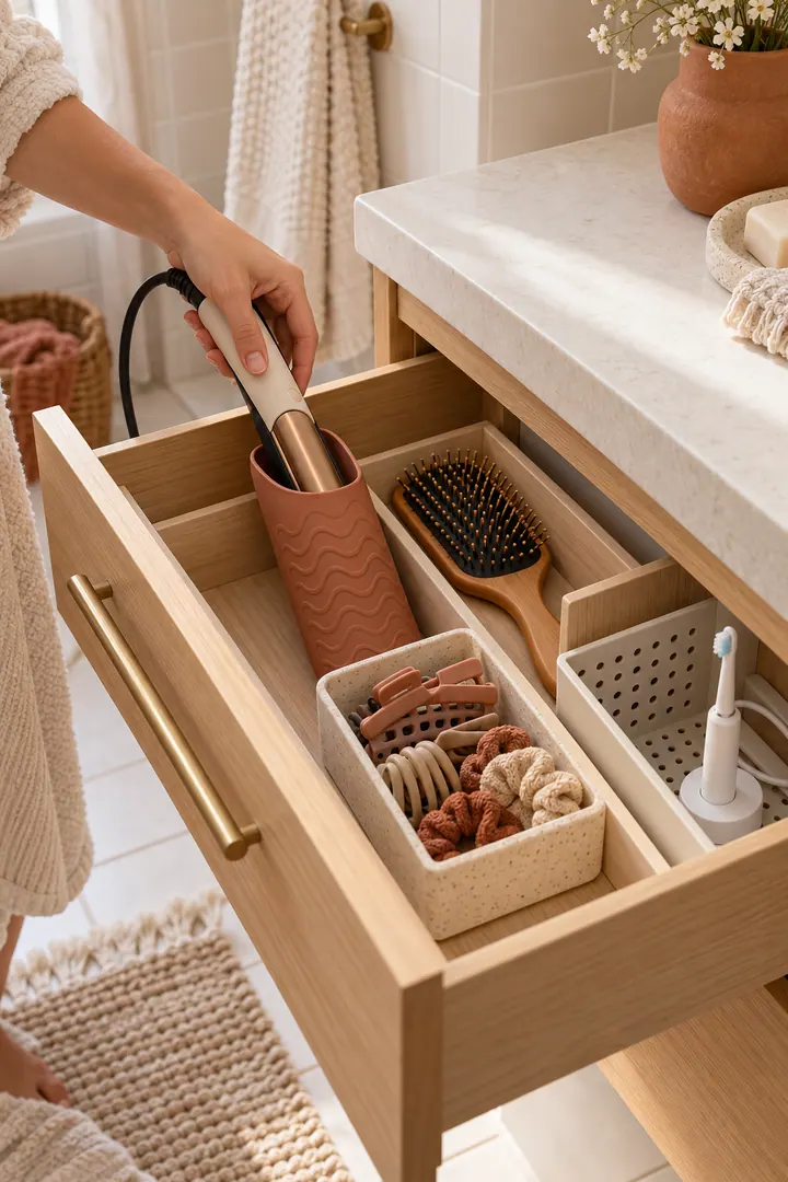 Close-up of a divided bathroom vanity drawer with a cooled hair tool in a heat-resistant sleeve and separate grooming items.