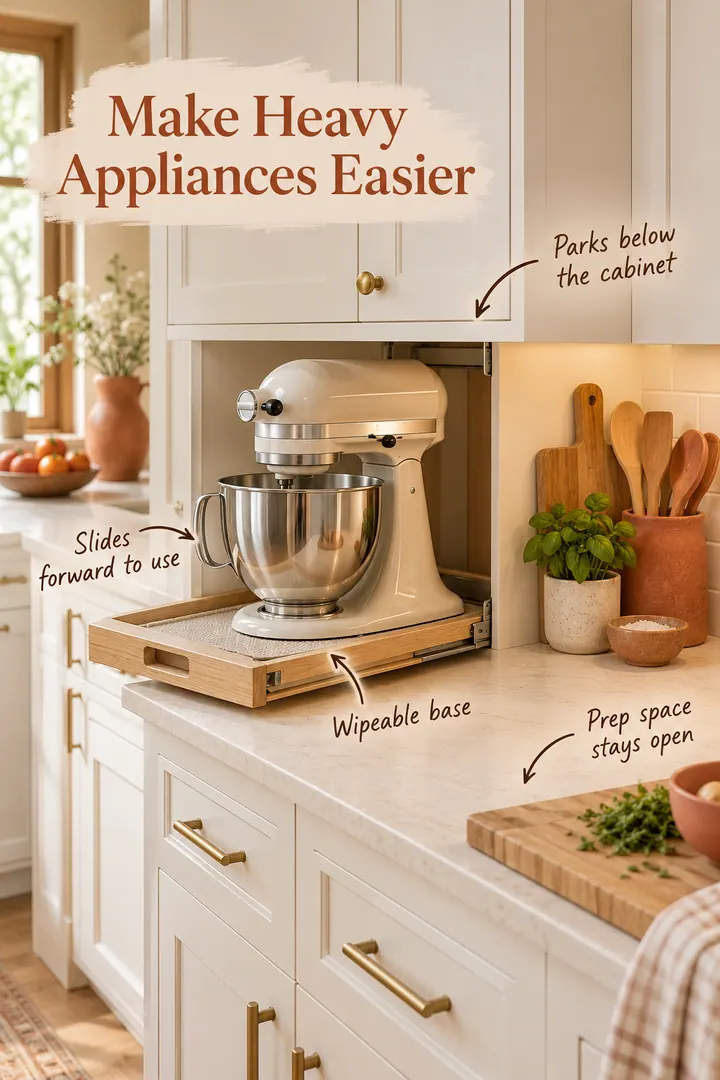 Annotated small kitchen with a stand mixer on a sliding counter tray beneath an upper cabinet and open prep space beside it.