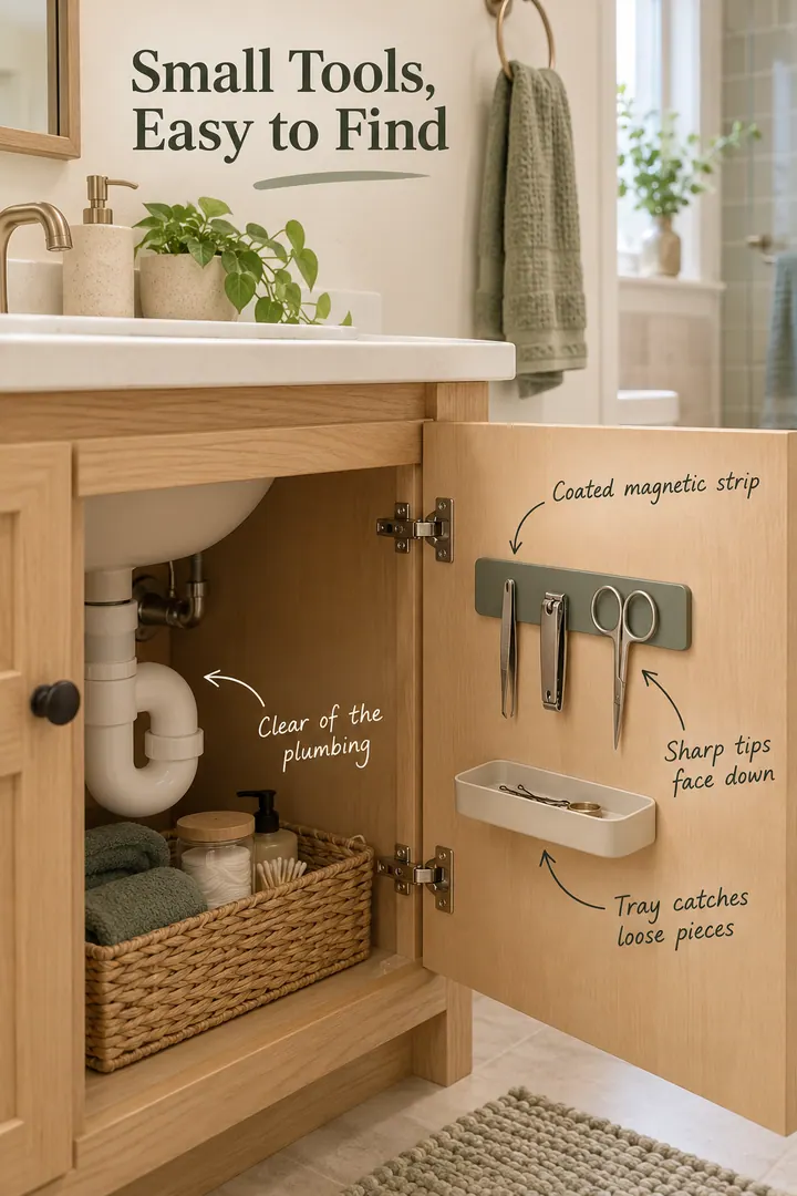 Annotated open vanity door with a coated magnetic strip holding grooming tools above a shallow catch tray.