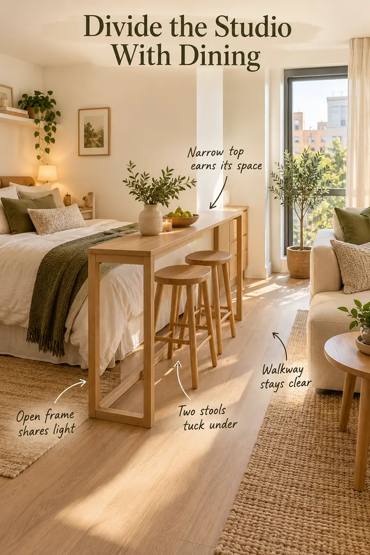 Annotated compact studio with a narrow open-frame dining counter dividing the bed and living area while two stools tuck below.