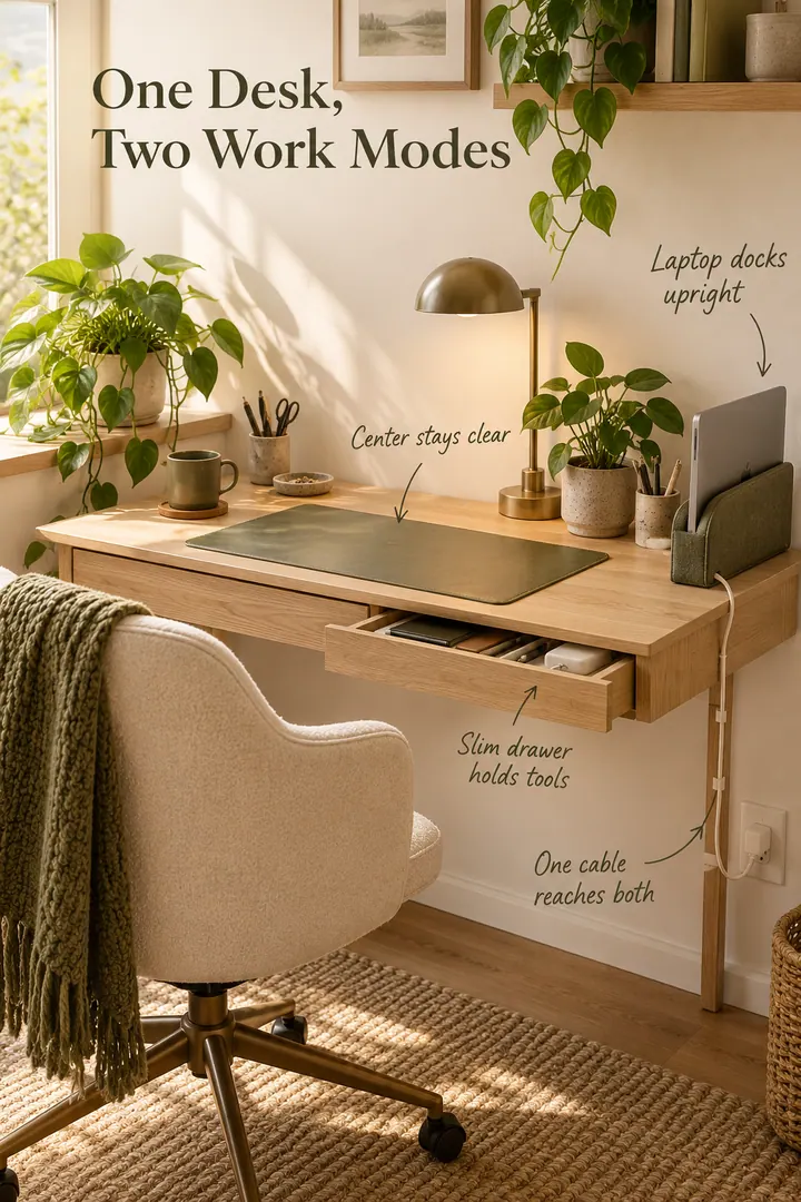 Annotated compact desk with a laptop in a vertical dock, a slim accessory drawer, a clear writing area, and one routed cable.