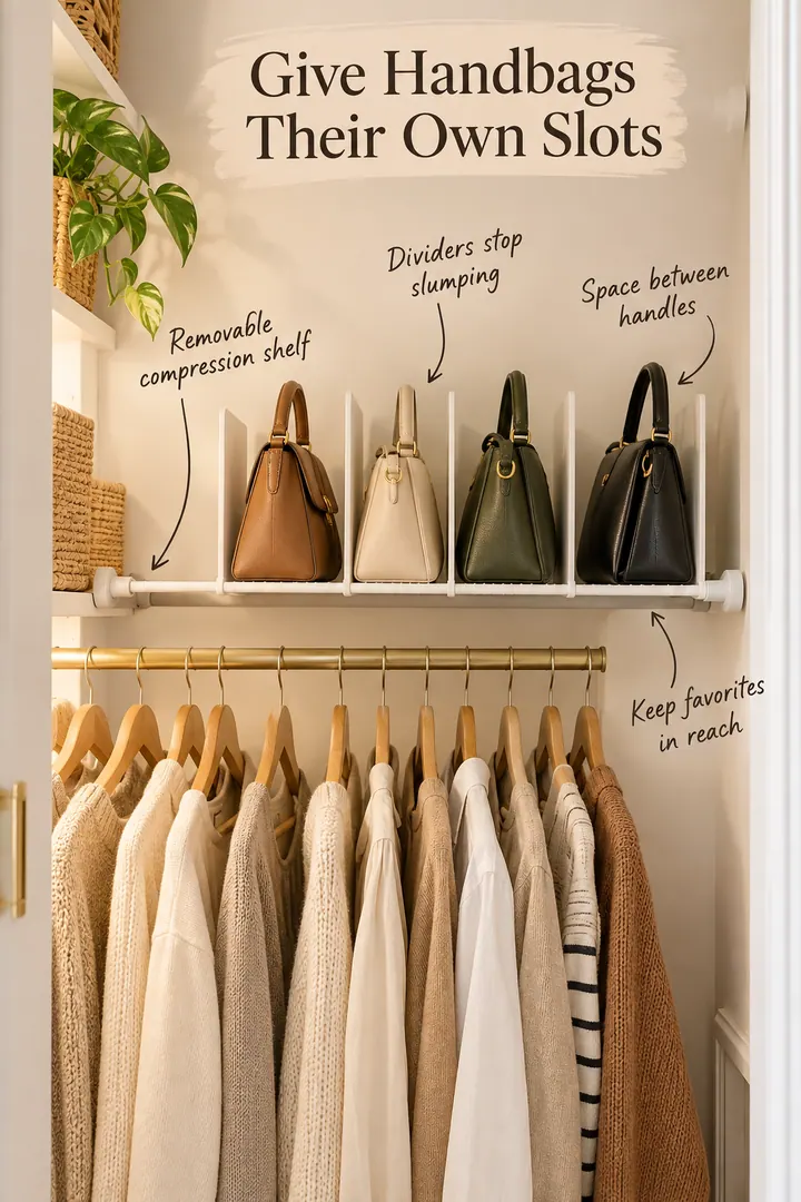 Annotated small closet with handbags stored upright in divided slots on a removable shelf above the clothes rail.
