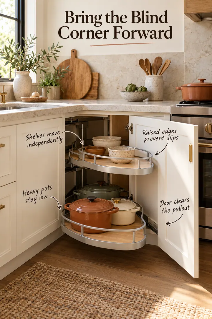 Annotated lower kitchen cabinet with independent pull-out corner shelves holding heavy pots below and lighter bowls above.