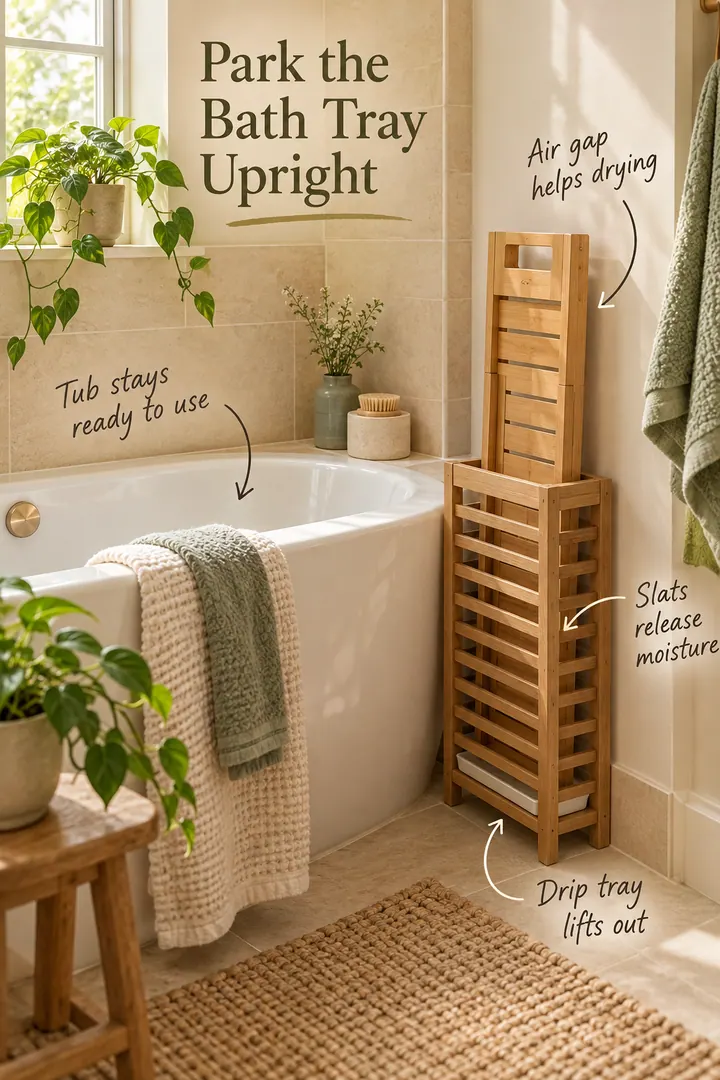 Annotated compact bathroom with a slatted bathtub caddy drying upright in a ventilated rack beside the tub.