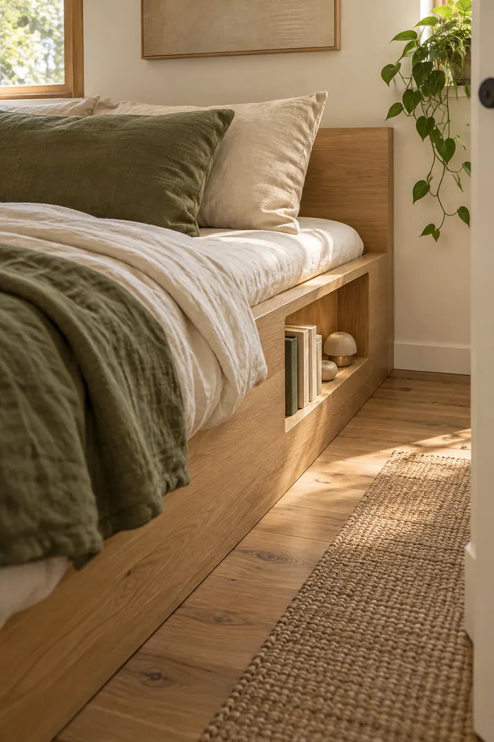 Compact bedroom with a recessed book cubby built into the side of a low wooden platform bed near the pillow.