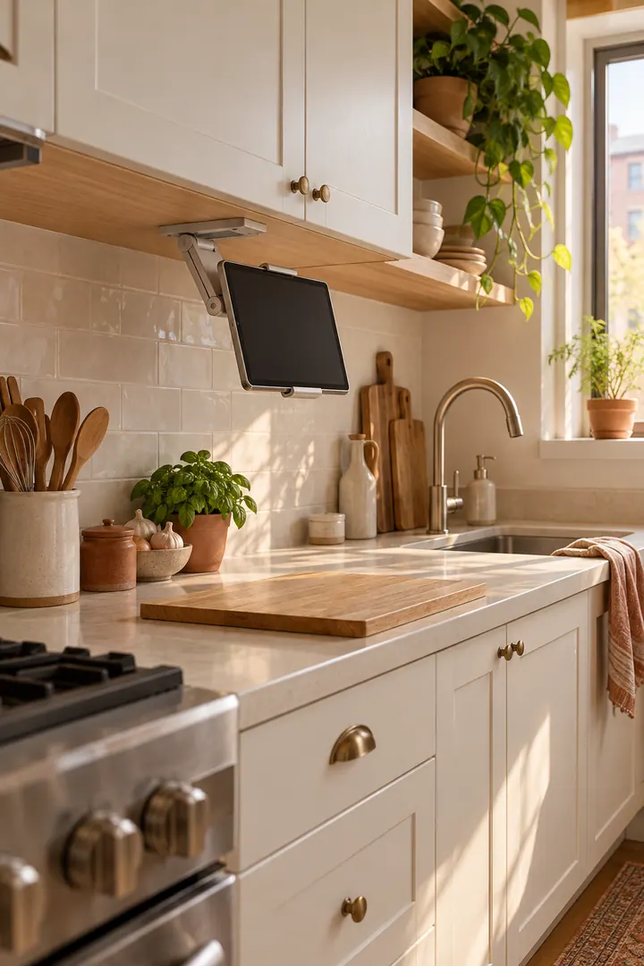 Small kitchen with a fold-down tablet holder beneath an upper cabinet and a clear food-preparation surface below.