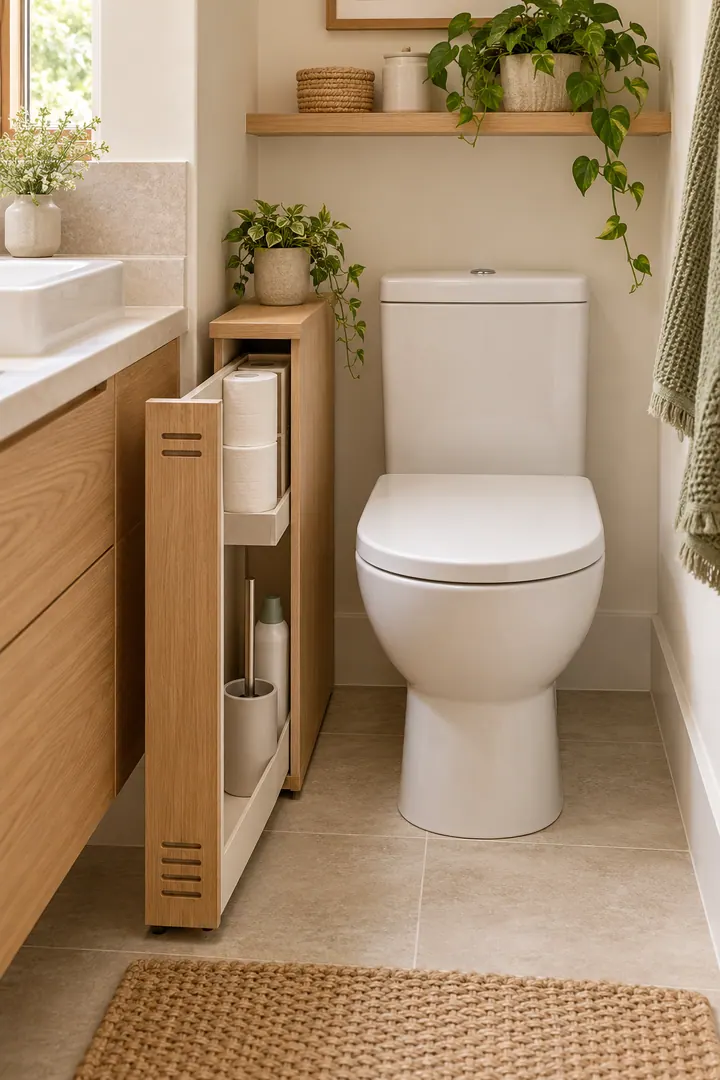 Narrow ventilated cabinet beside a toilet with spare rolls above and cleaning tools in a separate lined compartment below.
